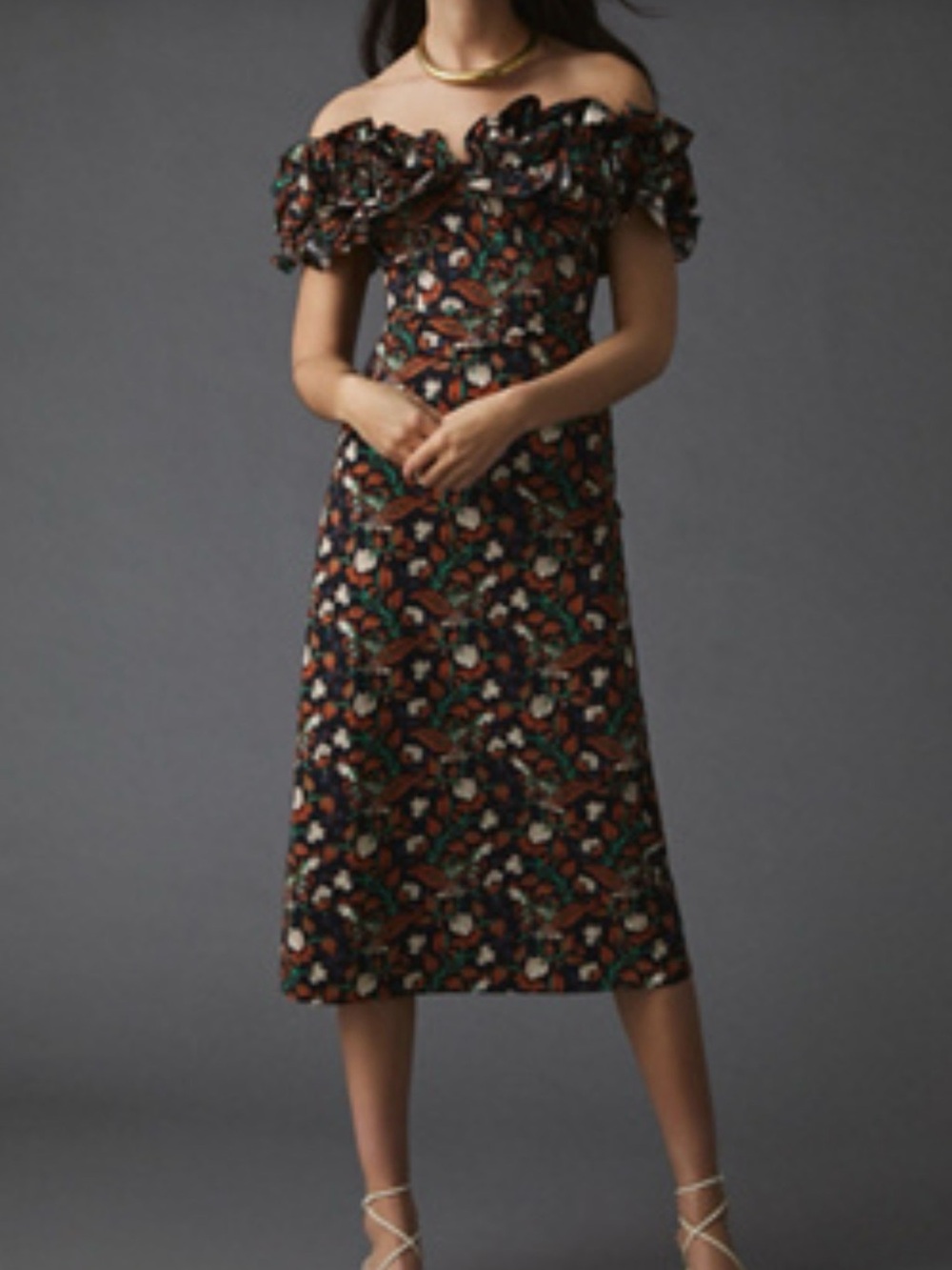 Anthropologie One-Shoulder Floral Midi Dress in Black, Brown, Green
